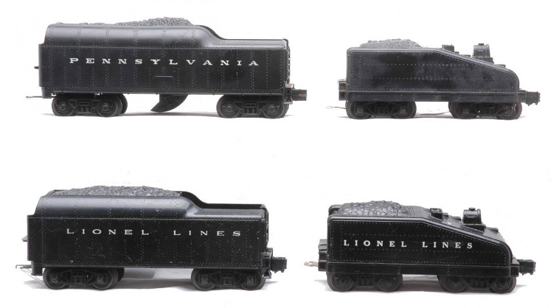 Lionel 2046W PRR 1130T 2-1062T Slope Back Tenders: Lionel postwar 2046W Pennsylvania tender, 1130T Lionel Lines tender and two 1062T Lionel Lines slope back tenders, one unlettered. The 2046W is a C7 and the rest of the tenders are C6.
