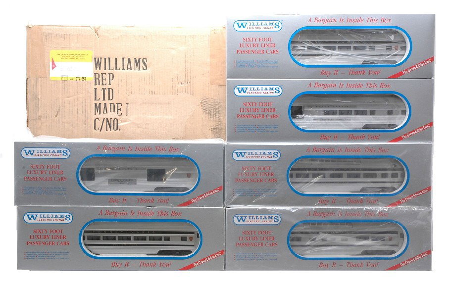 Williams LL609 6-Pack 60ÕAluminum PRR Cars MIB: Williams LL609 six pack of 60Õ luxury liner aluminum Pennsylvania passenger cars in individual OBs and outer shipping carton including; baggage, Thomas Edison combo, Betsy Ross vista dome, William Pe
