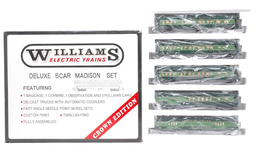 Williams Southern Crescent 5-Pk Pass Car Set MIB: Williams Southern Crescent Madison five pack passenger cars including; 2620 REA baggage, 2621 Patrick Henry combo, 2622 Andrew Pickens coach, 2623 John T. Morgan coach and a 2625 Robert E. Lee observa