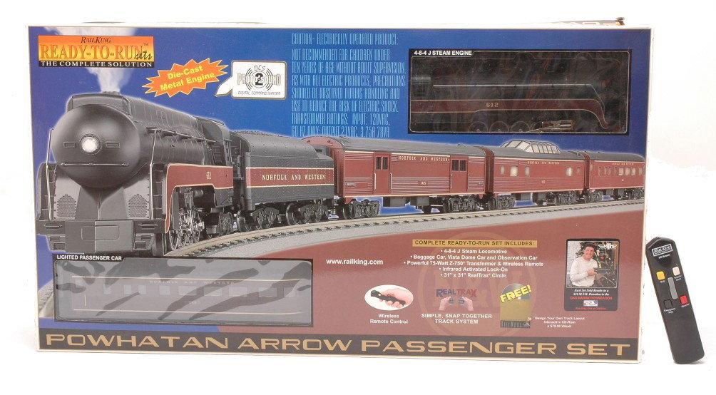 RK by MTH 30-4036-1 N&W R-T-R Pass Set LN OB: Rail King by MTH 30-4036-1 Norfolk & Western 4-8-4 J steam Ready-To-Run passenger set with ProtoSound 2.0 in OB. The set is missing the CD and transformer. The set is C8.