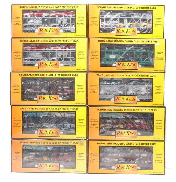 RK by MTH Selection of Auto Carriers w/Ertl Loads: Rail King by MTH auto carriers with Ertl loads including; two 30-7628 with Ô52 Cadillac & Ô49 Ford Coupe, two 30-7638 with Ô67 Pontiac Firebird & ÔÕ70 Nova, two 30-7656 with Ô57 ChevyÕs, 30-766
