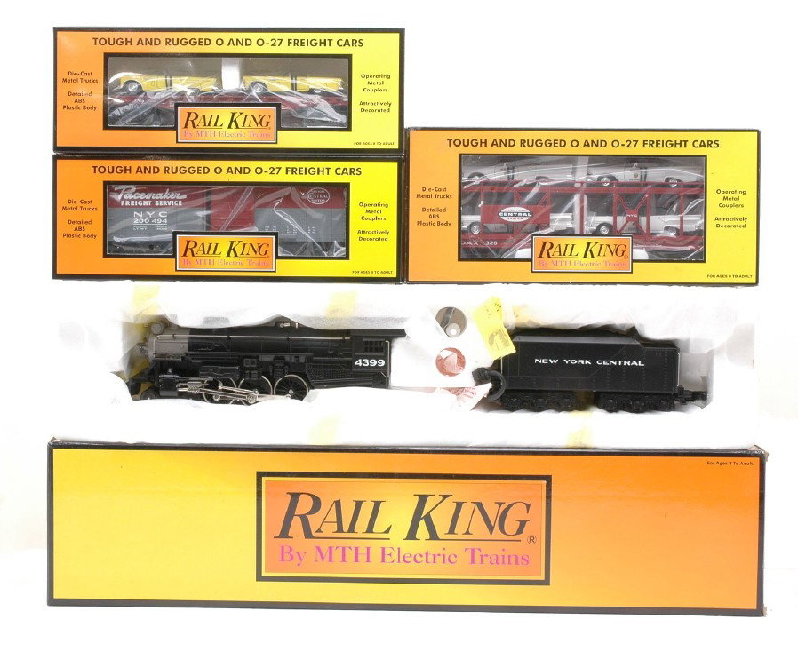 RK MTH NYC 30-1186-1 30-74021 30-76119 30-76069: Rail King by MTH New York Central engine and freight cars including; 30-1186-1 Pacific 4-6-2 steam loco and tender with ProtoSound 2.0, 30-74021 rounded roof boxcar, 30-76119 flatcar with 1956 Ford Th