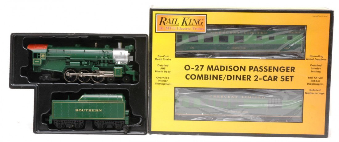 RK MTH Southern Crescent Loco 30-6241 Cars: Rail King by MTH Southern Crescent 4-6-2 steam loco numbered 6482 with tender and a 30-6241 Southern Crescent two car Madison combo/diner set in OB. The loco is C7-8 and the cars are C10.