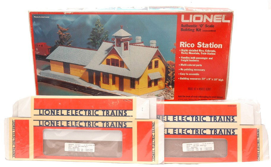 Lionel 2797 Rico Station Boxed 8 Repro Boxes: Lionel 2797 Rico Station in OB. The station has never been assembled, C9-10. Also included are eight brand new unmarked reproduction boxes. The boxes are flat and have never been put together, C10.