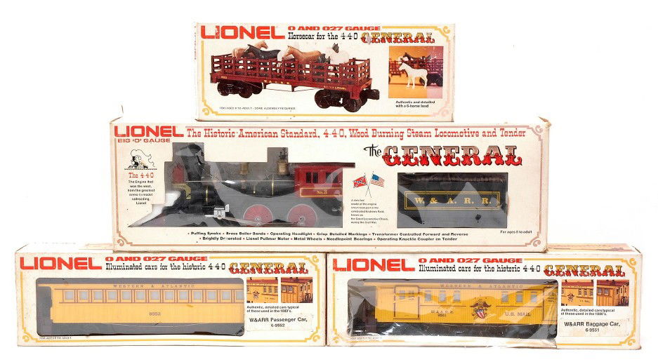 Lionel The General Set 8701 9551 9552 9553 LN OBs: Lionel 8701 The General 4-4-0 loco and tender and W&ARR cars including; 9551 baggage, 9552 coach and a 9553 horse car all in OBs, C8.