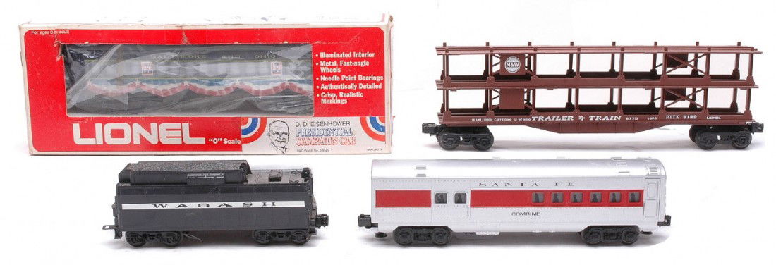 Lionel 9529 w/OB 9129 SF Combine Wabash Tender: Lionel 9529 D.D. Eisenhower Presidential Campaign car in OB, 9129 N&W three tier auto carrier, Santa Fe Silver combine with red stripe and a Wabash tender. The 9529 is C8 and the rest of the items are