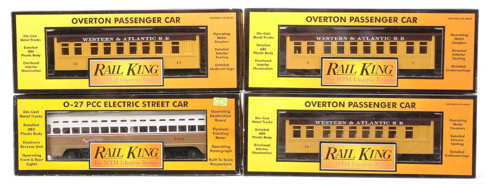 RK MTH WARR Overton Coaches RK-2503 LN OBs: Rail King by MTH W.A.R.R. Overton coaches including; 30-6400-1, 30-6400-2 and a 30-6400-3 all in OBs. Also included is a RK-2503 Philadelphia ÒSeptaÓ PCC electric street car in OB. Cars are all C8.