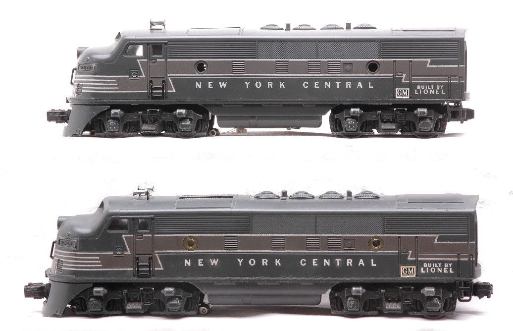 Lionel 2344 New York Central F-3 AA Diesel Units: Lionel postwar 2344 New York Central F-3 AA diesel units. The power A is missing all four portholes. The diesel units are C7.