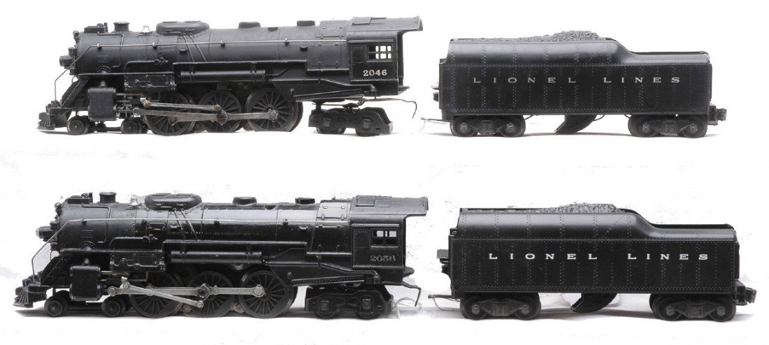 Lionel 2046 Loco 2046W Tender 2056 Loco 2046W: Lionel postwar 2046 black 4-6-4 steam loco with a 2046W tender. Also included is a 2056 black 4-6-4 steam loco with a 2046W tender that has a reproduction shell. Both locos have been repainted. The 20