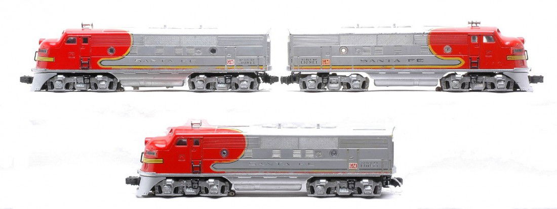 Lionel 2343 SF F3 AA Diesels 2343 SF F3 Dummy A: Lionel postwar 2343 Santa Fe F-3 AA diesel units, C6. Also included is an extra 2343 Santa Fe F-3 dummy A diesel unit, C6.
