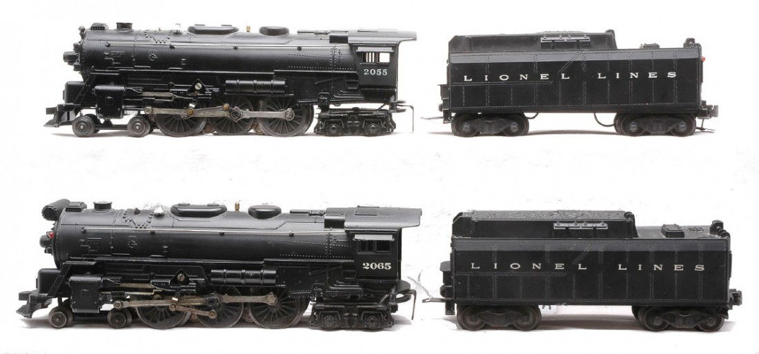 Lionel 2065 Loco 6026W 2055 Loco 6026W Tender: Lionel postwar 2065 black 4-6-4 steam loco with a 6026W tender and a 2055 black 4-6-4 steam loco with a 6026W tender. The locos have been repainted and one tender has a broken step and is C6. The othe