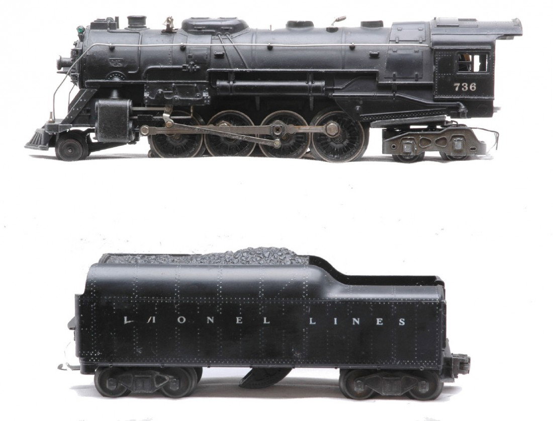 Lionel 736 Berkshire Loco 2046W Tender: Lionel postwar 736 black 2-8-4 Berkshire steam loco with a 2046W tender. The loco cab has a small bend on one corner and is C6-7 and the tender is C6.