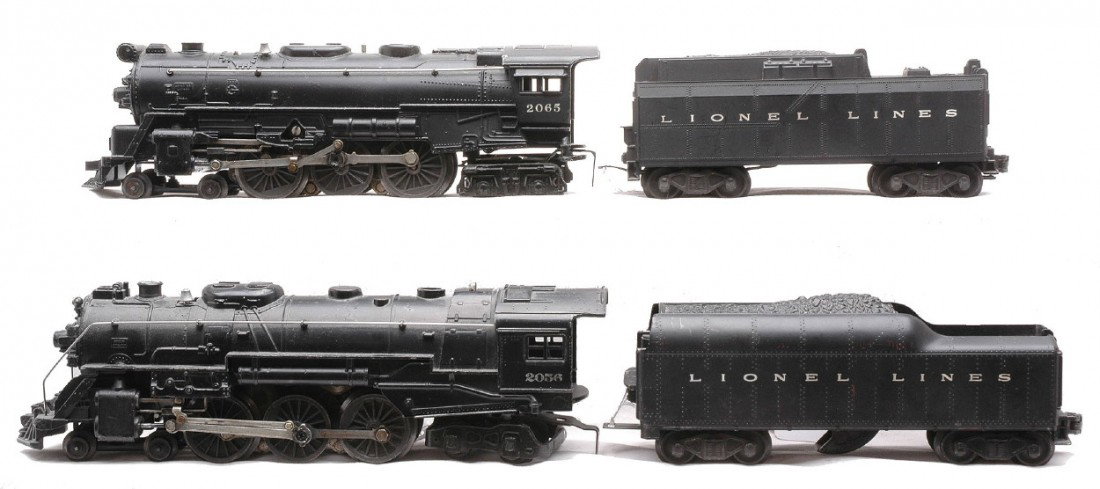 Lionel 2056 Loco 2046W 2065 Loco 6026W Tender: Lionel postwar 2056 black 4-6-4 steam loco with a 2046W tender and a 2065 black 4-6-4 steam loco with a 6026W tender. Locos and tenders are C6.