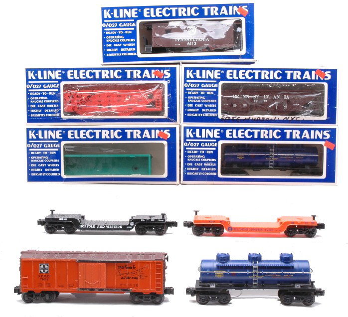 K-Line K-5312 K-5313 K-5412 K-5612 K-6112 LN: K-Line freight cars including; 5-5312 Pennsylvania hopper, K-5313 Western Pacific hopper, K-5412 Penn Salt tank, K-5612 New York Central gondola and a K-6112 Pennsylvania caboose all in OBs. Also incl