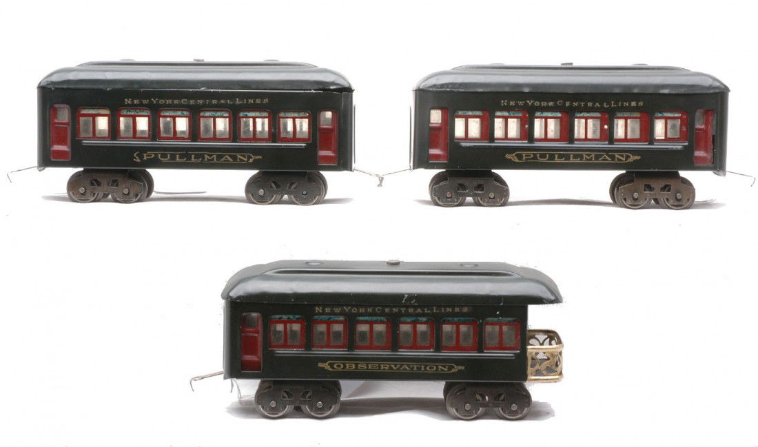 Lionel Dark Green Passenger Cars 610 610 612: Lionel prewar O gauge dark green passenger cars with maroon inserts including; two 610 Pullmans and a 612 observation. The cars have been restored.