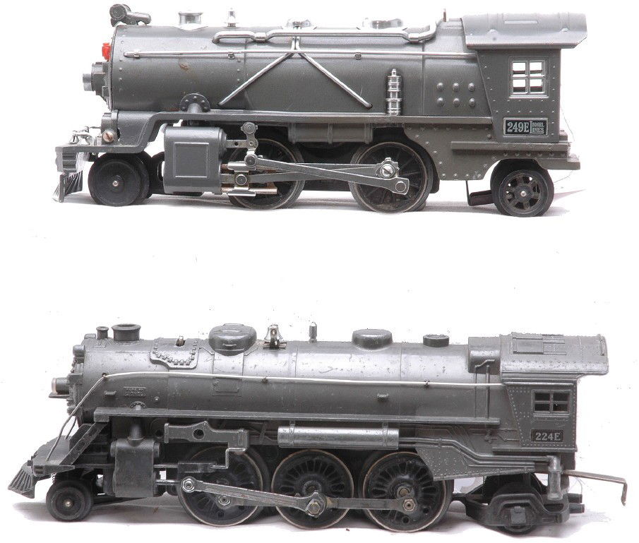 Lionel Prewar 224E 249E Gunmetal Steam Locos: Lionel prewar O gauge 224E gunmetal 2-6-2 steam loco and a 249E gunmetal 2-4-2 steam loco. The 249 has a restored frame and steam chest, the rest of loco is C6. The 224E is C6.