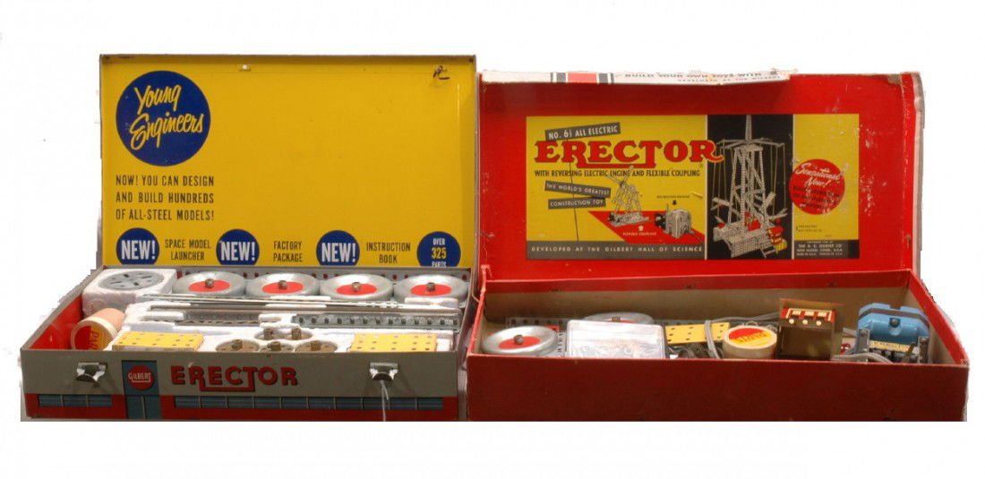 A.C. Gilbert 6 1/2 Erector 10053 Rocket Launcher: A.C. Gilbert Co. no. 6 1/2 Erector set in a cardboard box and a no. 10053 Erector Rocket Launcher in a metal case. Please view photo to verify condition.