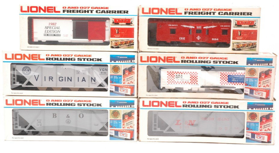 Lionel 0780 6111 6138 9134 9873 9184 LN OBs: Lionel freight cars including; 0780 Railroader Club boxcar from 1982, 6111 L & N covered hopper, 6138 B & O hopper, 9134 Virginian hopper, 9873 Ralston Purina reefer and a 9184 Erie bay window caboose