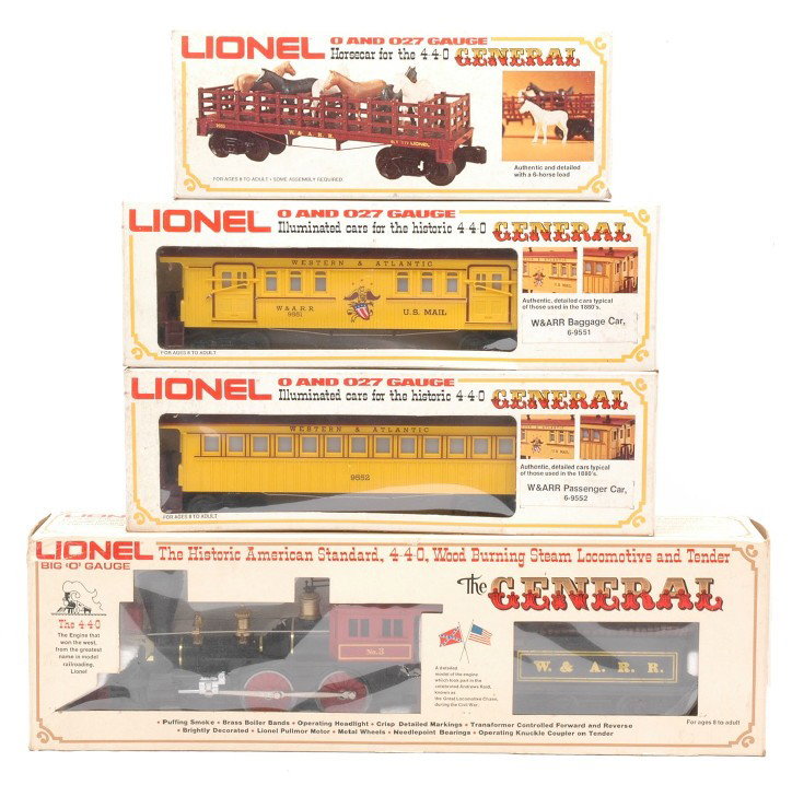 Lionel The General Set 8701 9551 9552 9553 OBs: Lionel 8701 The General 4-4-0 steam loco with tender and W&ARR cars including; 9551 baggage, 9552 passenger and a 9553 horse car all in OBs, C8.