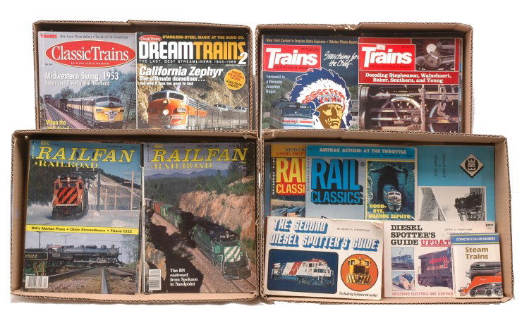 Selection RailFan Trains Vintage Rails Magazines: Large selection of RailFan, Trains, Vintage Rails, Rail Classics and Classic Trains magazines and miscellaneous books. Please view photo to verify selection and condition. This lot will be sold as is 
