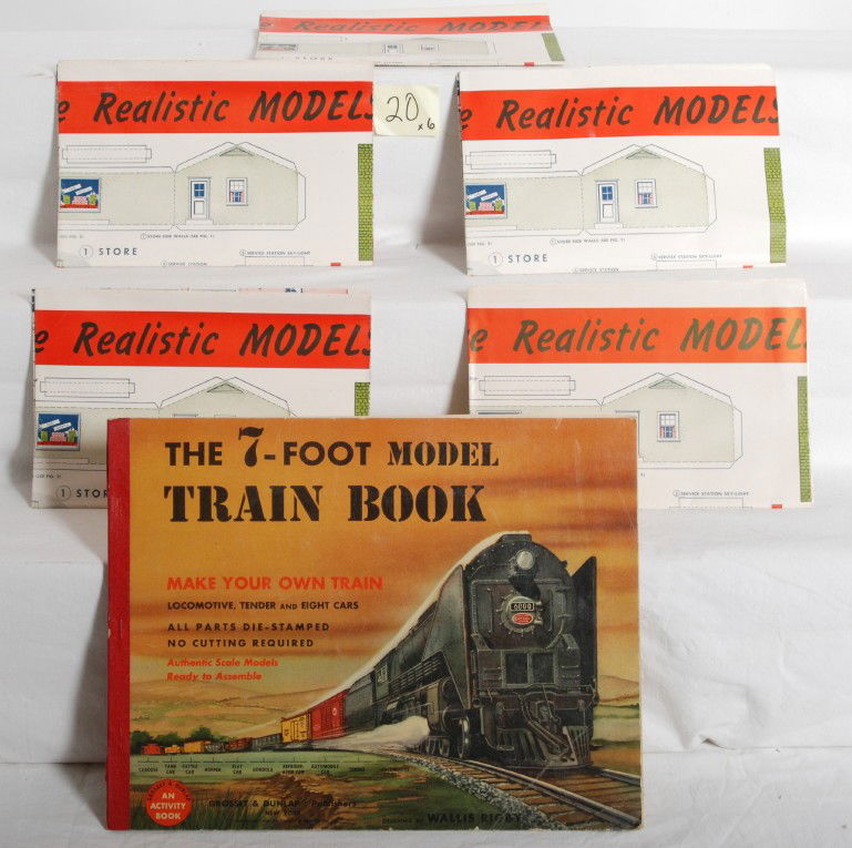 1948 Lionel Realistic Models posters, The 7-Foot bo: Five 1948 postwar Lionel O gauge fold out posters for paper models of buildings for layouts, plus a hard bound The 7-Foot model Train Book (chipping and wear to spine). All are in C8, very nice crisp