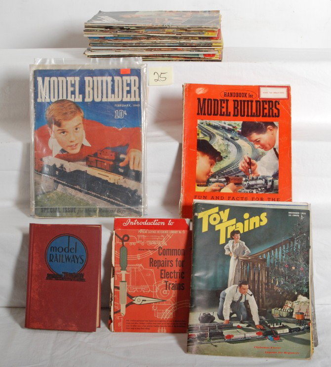 Huge lot of toy train/model railroading magazines: Huge lot of toy train/model railroading magazines and a small hardbound book. Thirty-five Toy Trains from 1951 throughout 1954. Handbook for Model Builders. Ten 1940, 1941, and 1942 issues of Lionel M