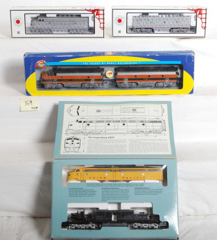 Athearn Stewart F3, F7, E8 CB&Q UP GN: Modern HO diesel locomotives from Athearn, Stewart Hobbies, and Life Like. Athearn set is 8028 Great Northern F7 A and B. Stewart Hobbies units are CB&Q F3 8540 and 8541 powered A and B units. Proto 2