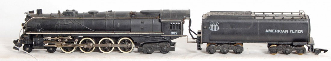 American Flyer No. 332 Union Pacific steam locomot: Postwar American Flyer S gauge No. 332 Union Pacific steam locomotive and tender, should clean to look very nice C6++. Loco is missing bell trim.