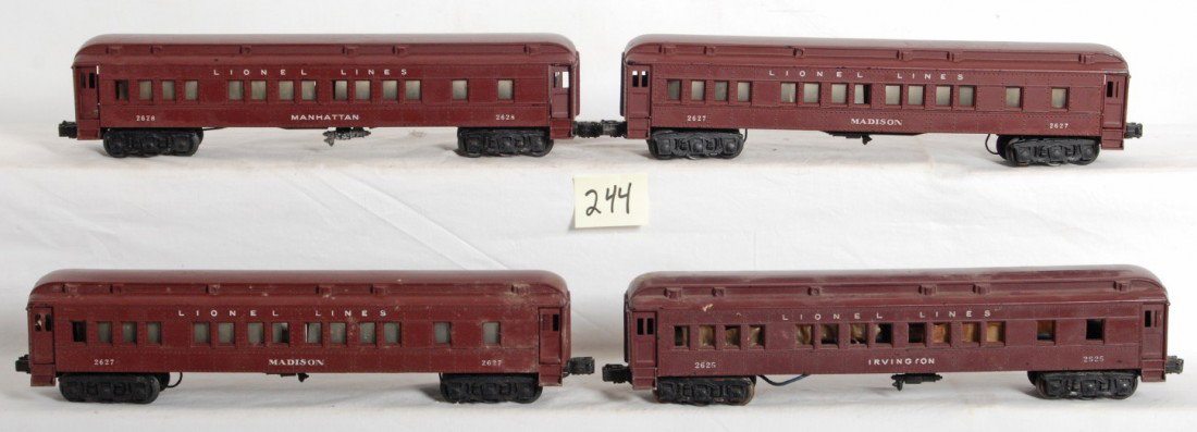 Lionel Madison style pass. cars, 2625, 2627, 2627,: Postwar Lionel O gauge Madison style passenger cars, 2625 Irvington, two 2627 Madison, and 2628 Manhattan. Trains look C6 area.