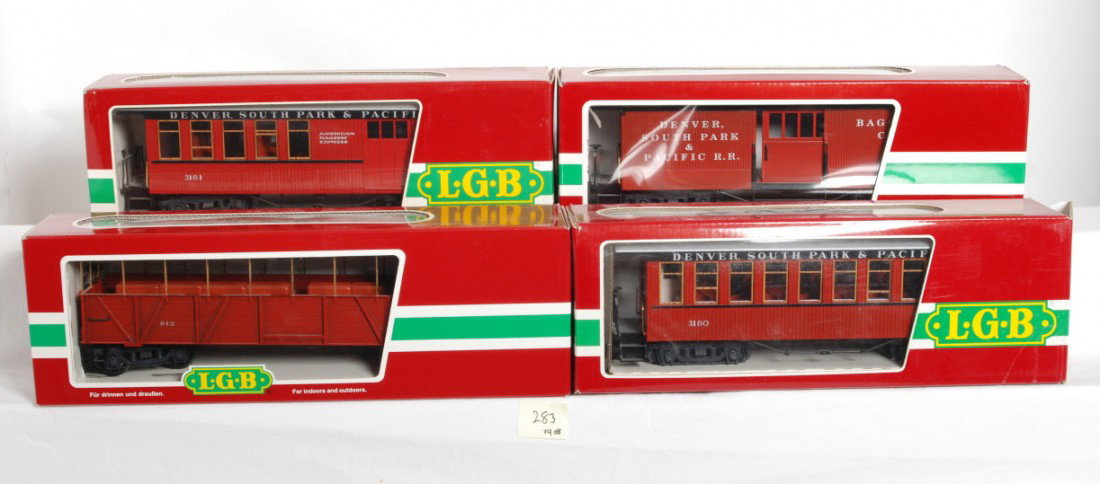 4 LGB Denver Southpark passenger cars: LGB modern G scale Denver South Park and Rio Grande passenger cars in OBs. Four cars include 3181 combine, 31260 open air car, 32840 baggage, and 3180 coach. Cars are generally C8 with some run time.