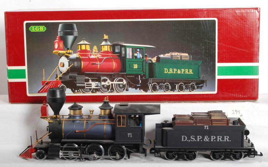 LGB G Scale 2028 D steam locomotive in OB: LGB modern G Scale 2028 D steam locomotive in OB. Lettered for D.S.P. & P.R.R. Loco has some track time. Loco is missing one handrail hold down on the boiler. OB has light corner wear and a price stic