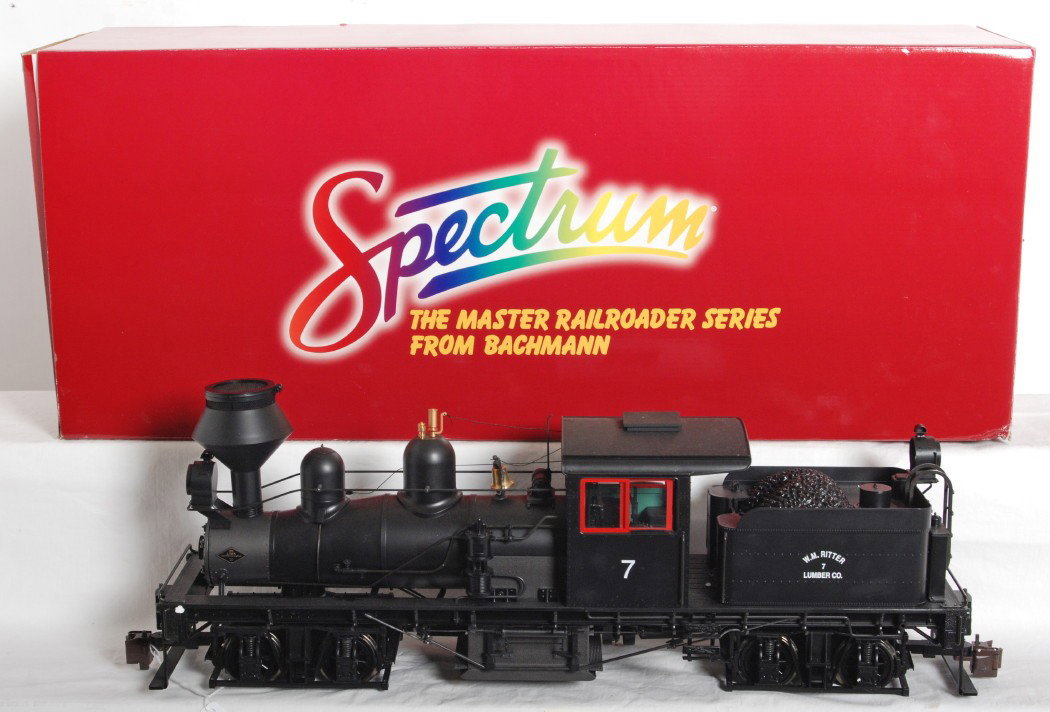 Bachmann WM Ritter two truck shay 82195: Bachmann modern G scale 82195 WM Riteer two truck shay in OB. Loco features smoke, detailed cab, and more. Loco is C8 with some run time. OB shows light edge wear and corner.