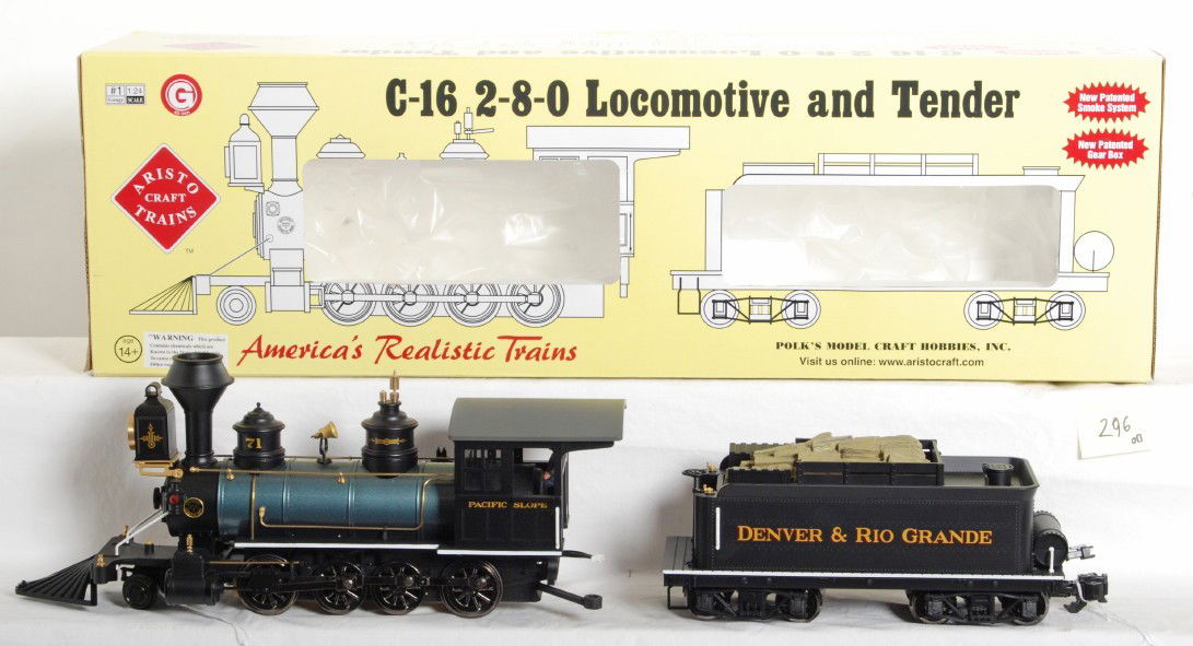 Aristo Craft Rio Grande C16 2-8-0 steam loco: Aristo Craft modern G scale 80202 Rio Grande 2-8-0 C16 steam locomotive in OB. Loco has run time C8. OB has corner and edge wear.