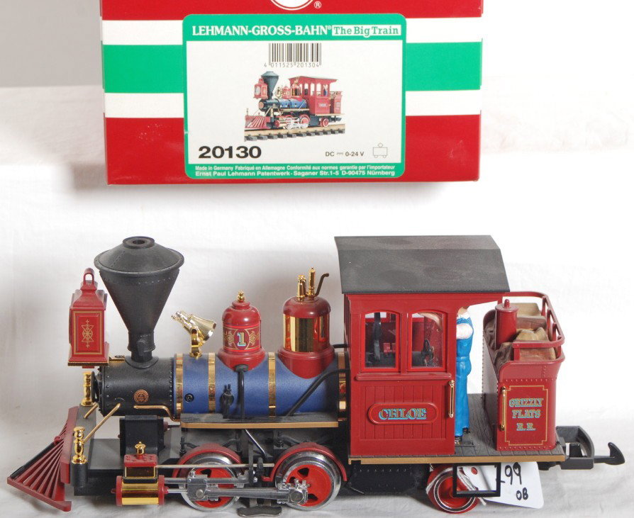 LGB 20130 Chloe #1 Grizzly Flats R.R.: LGB modern G scale 20130 Chloe #1 Grizzly Flats R.R. in original box. Loco looks C8. Box shows very light wear.