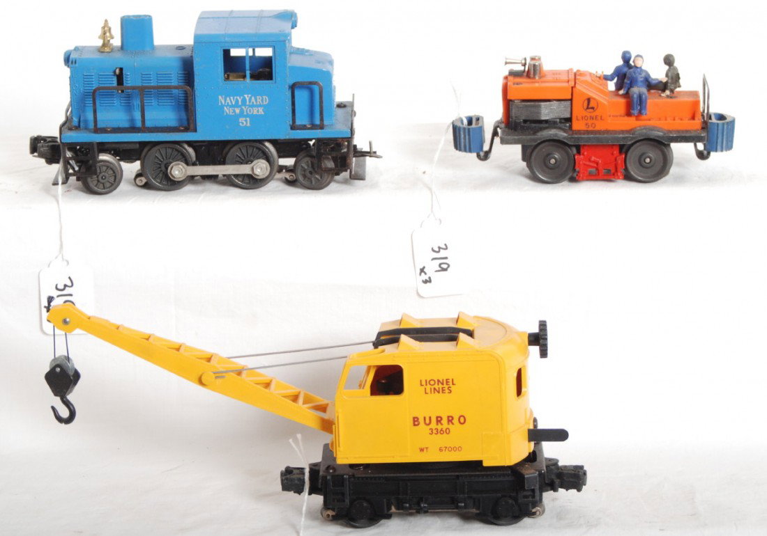 Lionel Nos. 50, 51, 3360 motorized units: Postwar Lionel O gauge No. 50 gang car w/U shaped bumper mounts and center horn variation, No. 51 Navy Yard diesel switcher, and 3360 operating Burro crane. 51 has cracked struts and 3360 has hairline