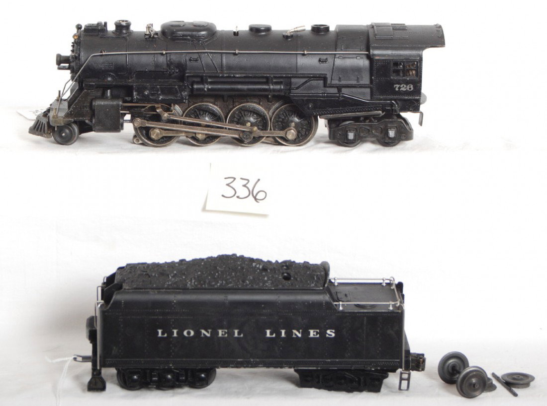 Lionel No. 726 steam loco and 2426W whistle tender: Postwar Lionel O gauge No. 726 steam locomotive with 2426W whistle tender. Tender will need one truck assembly reconstructed/repaired or replaced. Clean looking C6+.