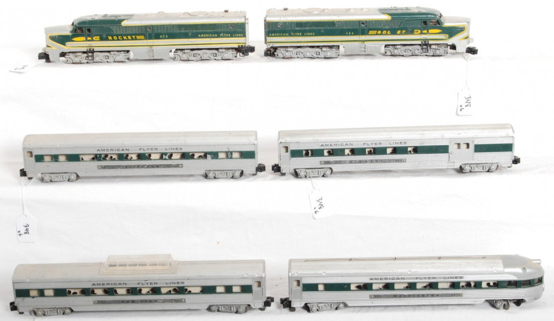 American Flyer Rocket diesel Rocket passenger trai: Postwar American Flyer S gauge Rocket diesel passenger train with 474 and 475 Rocket Alco diesel PA units, 960 Columbus combine, 961 Jefferson Pullman, 962 Hamilton vista dome, and 963 Washington obse