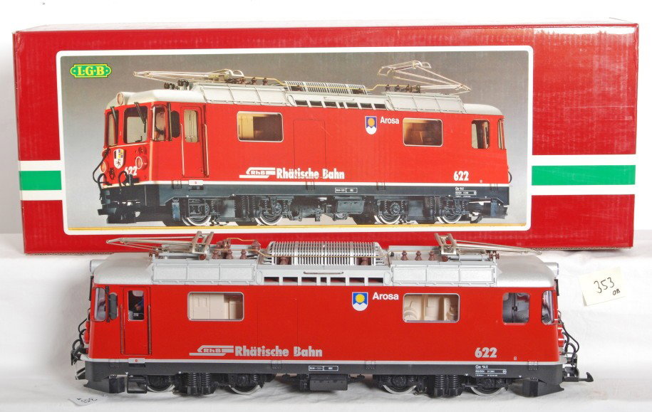 LGB RhB 2043 4/4 electric loco: LGB modern G Scale locomotive in OB. RhB 4/4 Arosa electric locomotive in OB. Catalog number is 2043. Loco comes with instructions and is C8 condition with some light run time. OB has light wear and p
