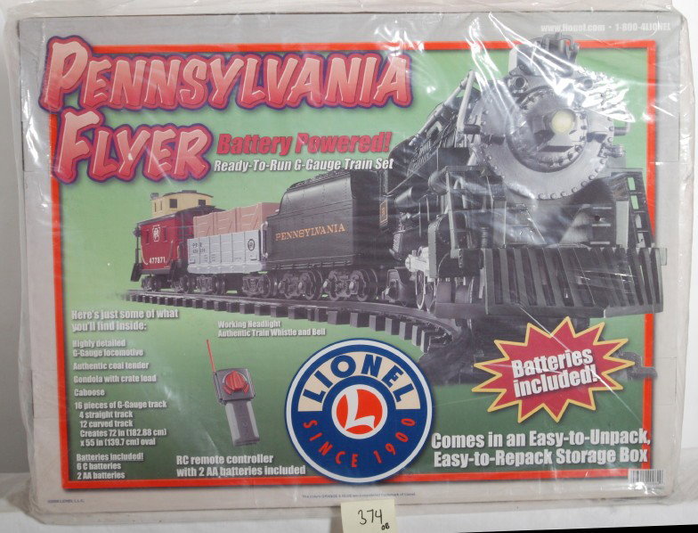 Lionel G scale Pennsylvania Flyer set: Lionel modern G Scale Pennsylvania Flyer set factory sealed. Set number is 11140. This set is battery powered. C9-10.