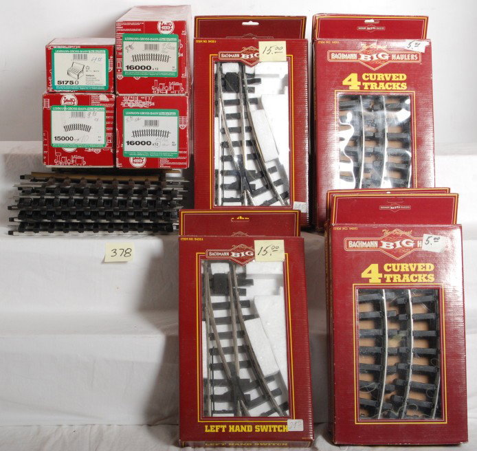 LGB and Bachmann track and switches: LGB and Bachmann modern G scale track and switches. LGB track includes twenty one sections of 16000 curves, four 1500 curves, seven sections of Kalamazoo 1500 tracks, seven Bachmann straight sections 