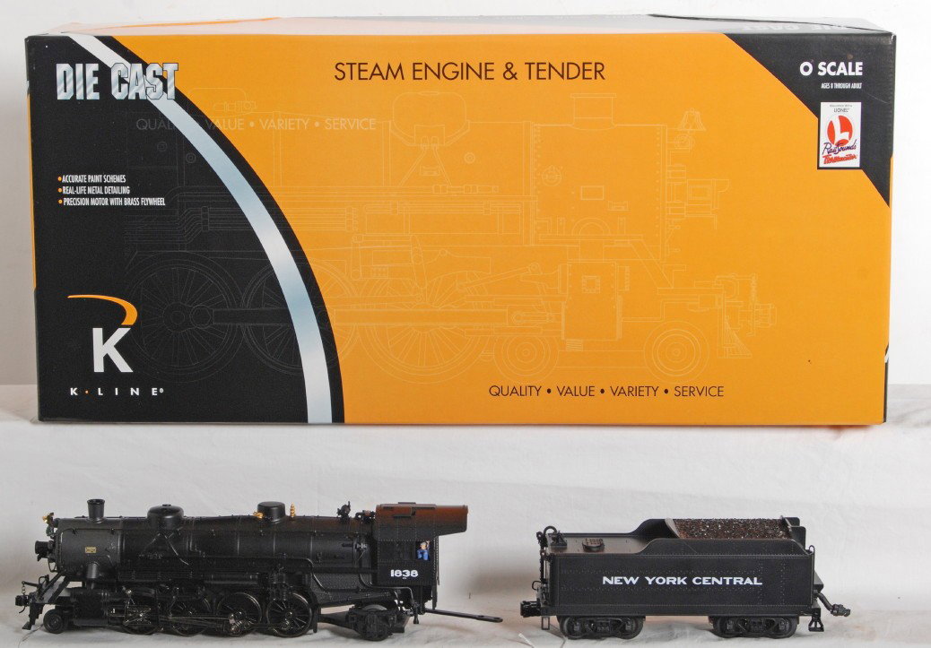 K Line New York Central Mikado TMCC: K Line modern O Gauge New York Central Mikado in OB. Catalog number is K3670-1838CC. Loco features TMCC, Railsounds, smoke, and much more. Loco is C7-8 with roller wear and run time.