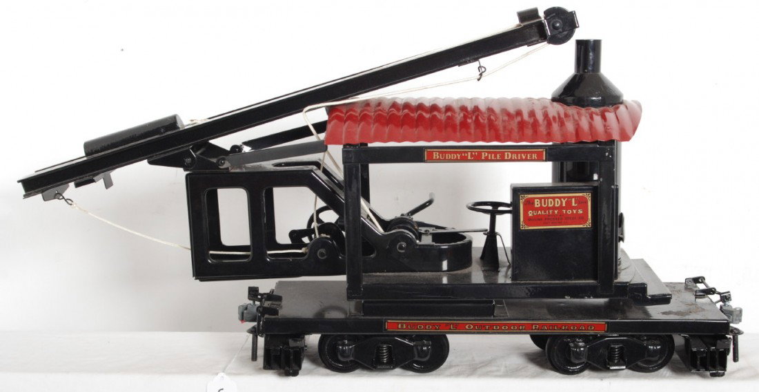 Buddy L Outdoor Railroad steam driven pile driver: Reproduction Buddy L Outdoor Railroad steam driven pile driver, looks C7 missing some minor trim (chains and components at corners of frame to mount to the tracks).