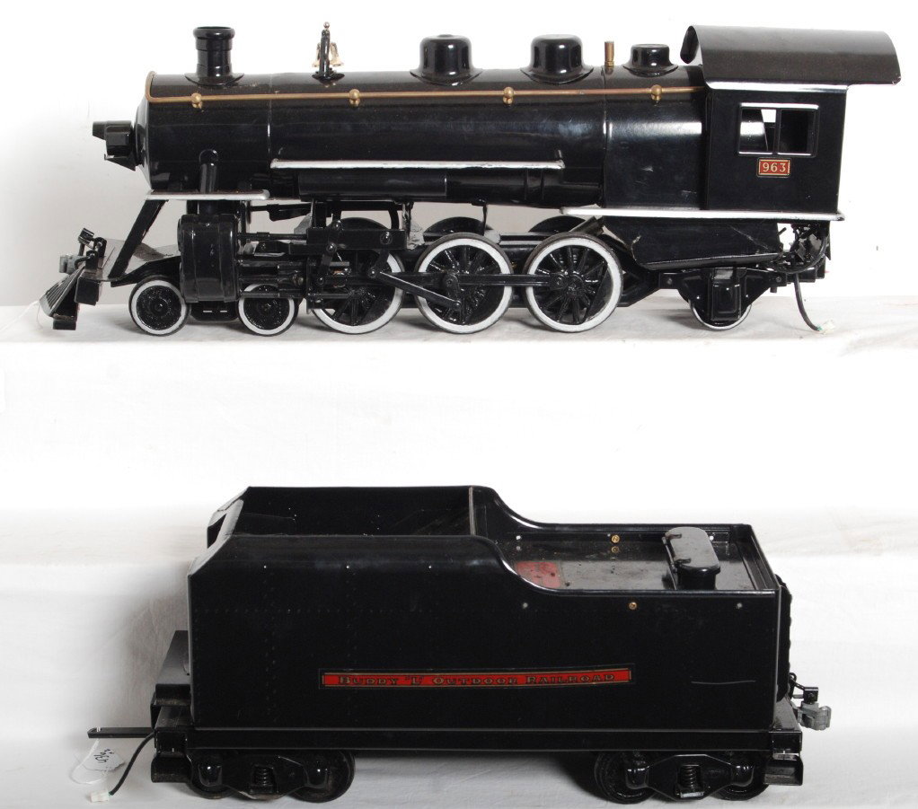 Buddy L Outdoor Railroad No. 936 loco and tender: Reproduction, electrically motored Buddy L Outdoor Railroad No. 936 steam locomotive and tender, C7 area.