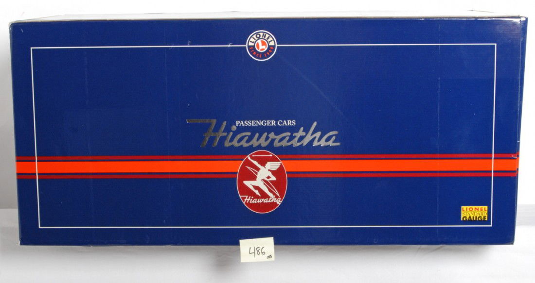 Lionel 13006 Hiawatha standard gauge 4 car set: Lionel modern standard gauge 13006 Milwaukee Road Hiawatha four car passenger set. Cars are all factory wrapped C9-10. Box only opened for inspection.