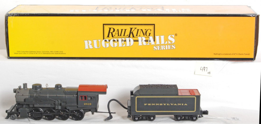 Railking Pennsylvania 2-8-0 with Locosound: Railking modern O Gauge 30-4136-0E Pennsylvania 2-8-0 steam locomotive with Locosound, smoke and more. Loco is C8 with run time. OB shows corner and edge wear.