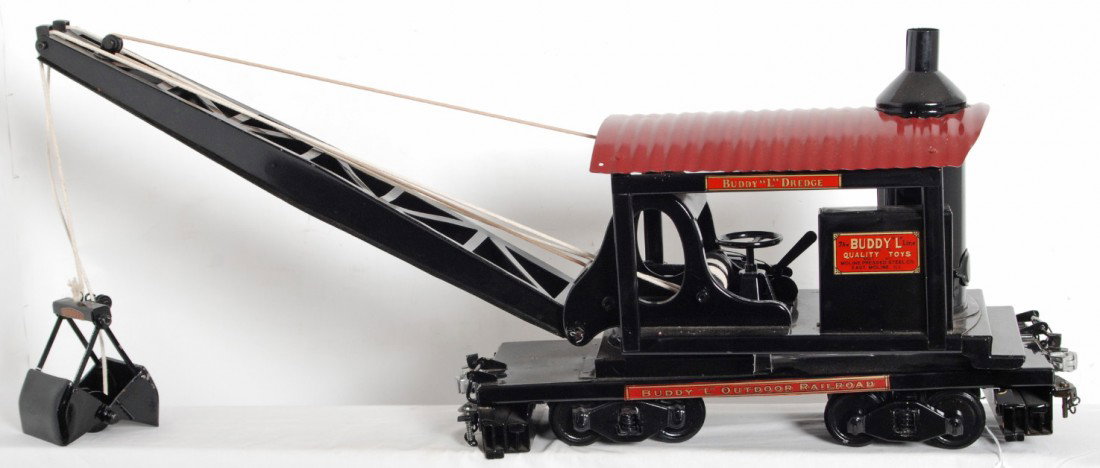 Buddy L Outdoor Railroad steam powered dredge: Reproduction Buddy L Outdoor Railroad steam powered dredge, C8 area. One truck is stamped with BLR, the other needs to be reattached.