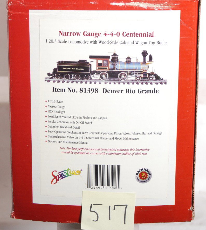 Bachmann G scale 81398 DRG 4-4-0 Centennial in OB: Modern era Bachmann Spectrum G scale No. 81398 Denver Rio Grande Narrow Gauge 4-4-0 Centennial wood burning steam locomotive and tender in original box with components and original instructions sheet,