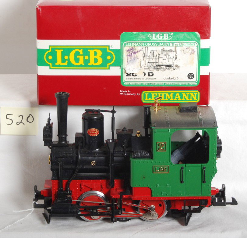 LGB 2020 D dunkelgrun Salzkammergut-Lokalbahn: LGB G scale 2020 D dunkelgrun Salzkammergut-Lokalbahn locomotive in original box, looks better but C8 due to having been run. Box shows very light wear, price sticker. End of box has a sticker that sa