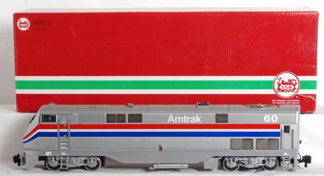 LGB 20490 Amtrak Genesis diesel No. 60 in OB: Modern era LGB G scale 20490 Amtrak Genesis diesel locomotive No. 60 in original box with instructions sheet, looks better but C8 due to having been run. Box show very light wear.
