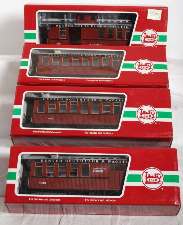 LGB Denver, South Park, and Pacific passenger cars: Modern era LGB G scale 29182-B coach, 29182-C coach, 29182-D baggage/combine, 29182E caboose. Trains look C9-10. Boxes show little wear.